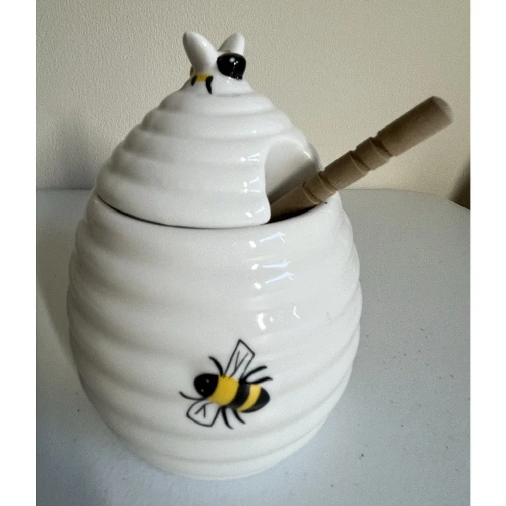 Ceramic Bee Honey Jar Wooden Dipper Beehive Kitchen Decor Cottagecore Farmhouse